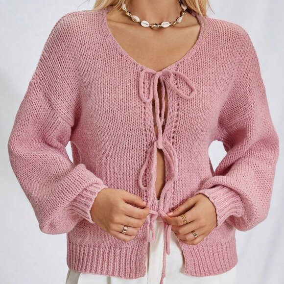 Sweaters - Pink Casual Women's Tie Front Belt Solid Blush Color Knitwear Sweater Cardigan